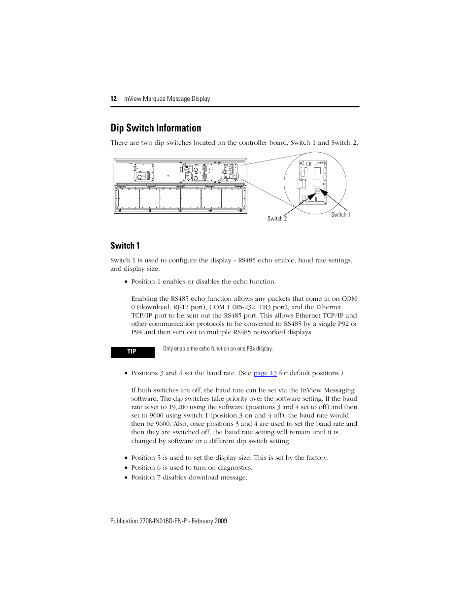 Dip switch information, Switch 1 | Rockwell Automation 2706-P92C_P94C InView Message Display User Manual | Page 12 / 20
