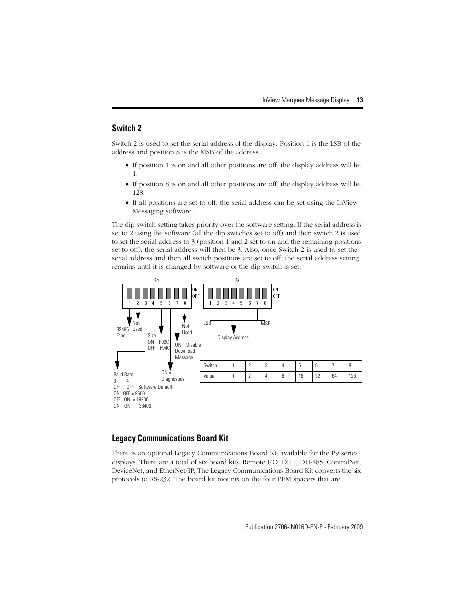 Switch 2, Legacy communications board kit | Rockwell Automation 2706-P92C_P94C InView Message Display User Manual | Page 13 / 20