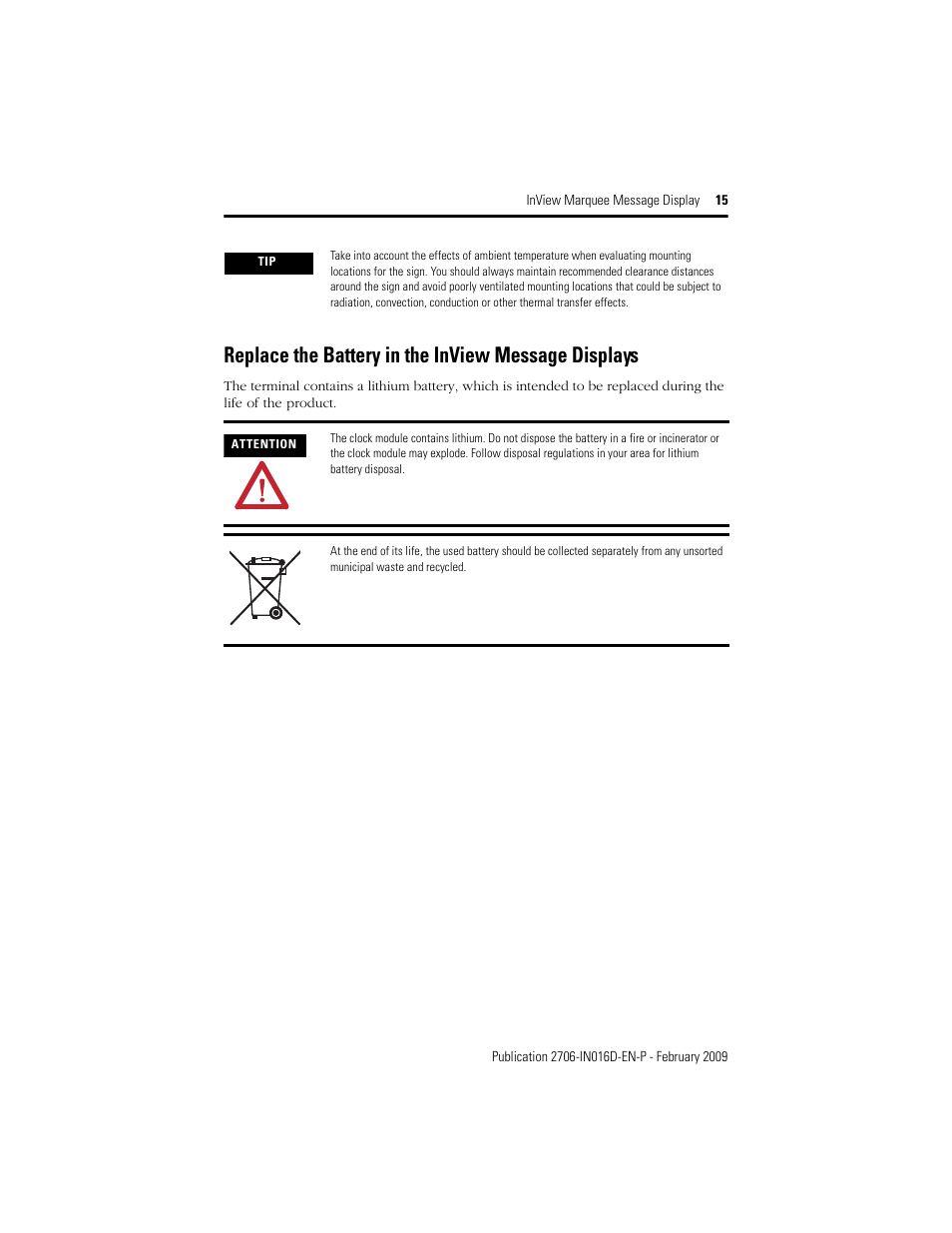 Replace the battery in the inview message displays | Rockwell Automation 2706-P92C_P94C InView Message Display User Manual | Page 15 / 20