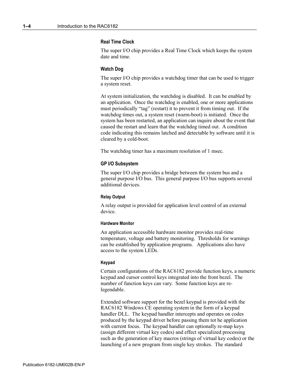 Real time clock, Watch dog, Gp i/o subsystem | Rockwell Automation 6182 SDK User Manual | Page 10 / 108