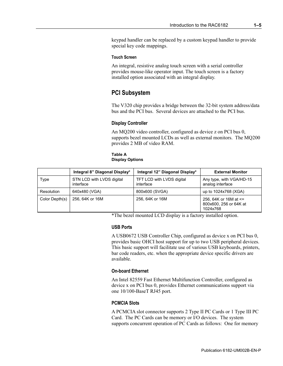 Pci subsystem, Display controller, Usb ports | On-board ethernet, Pcmcia slots | Rockwell Automation 6182 SDK User Manual | Page 11 / 108