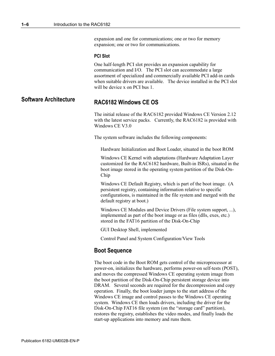 Pci slot, Software architecture, Rac6182 windows ce os | Boot sequence | Rockwell Automation 6182 SDK User Manual | Page 12 / 108