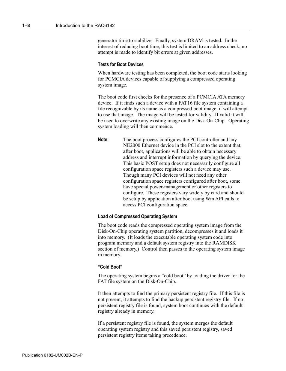 Tests for boot devices, Load of compressed operating system, Cold boot | Rockwell Automation 6182 SDK User Manual | Page 14 / 108