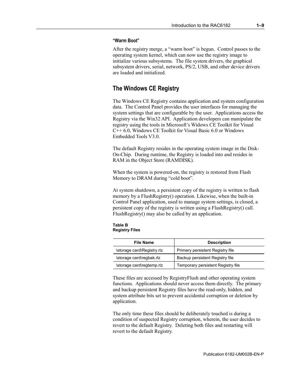 Warm boot, The windows ce registry | Rockwell Automation 6182 SDK User Manual | Page 15 / 108