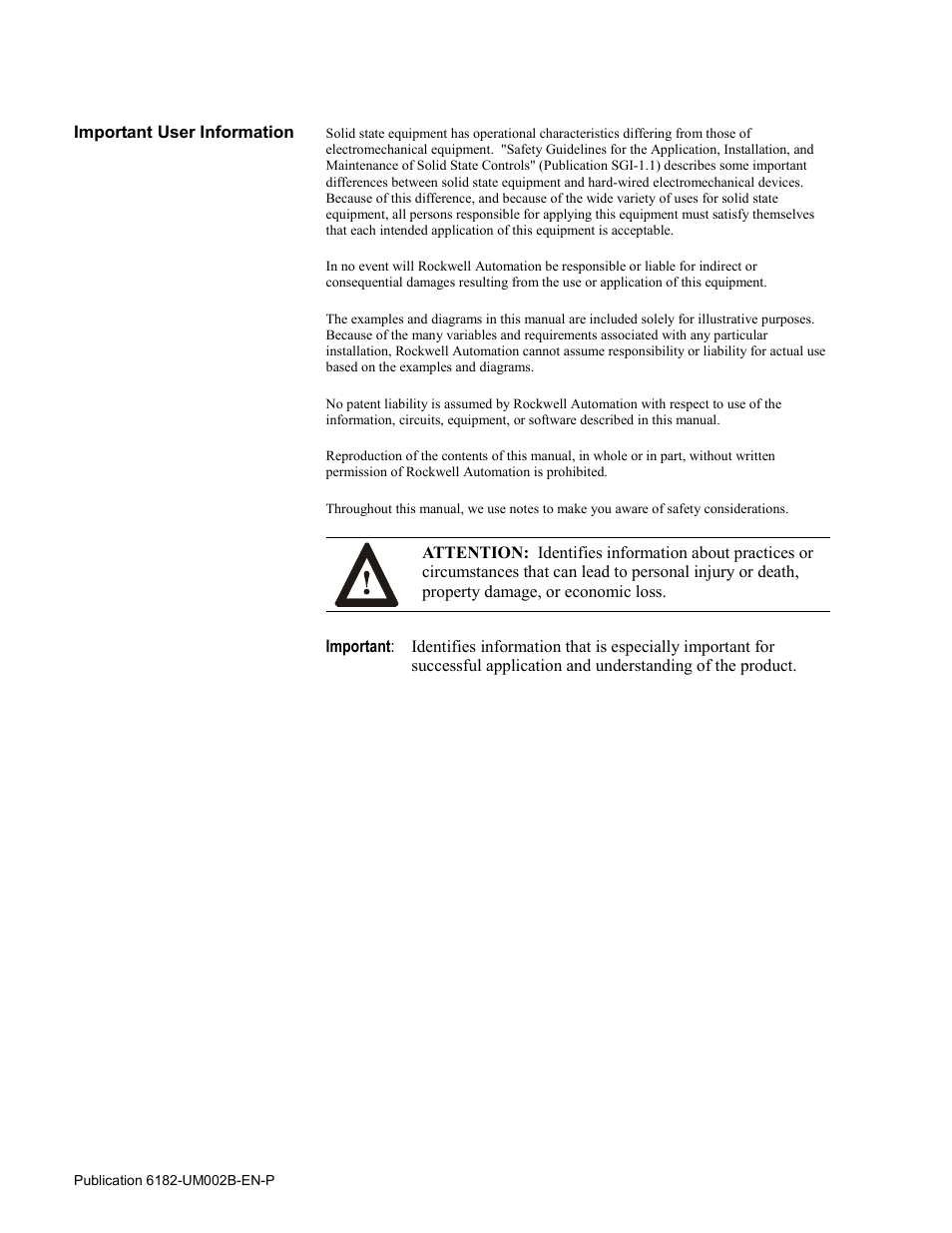 Important user information | Rockwell Automation 6182 SDK User Manual | Page 2 / 108