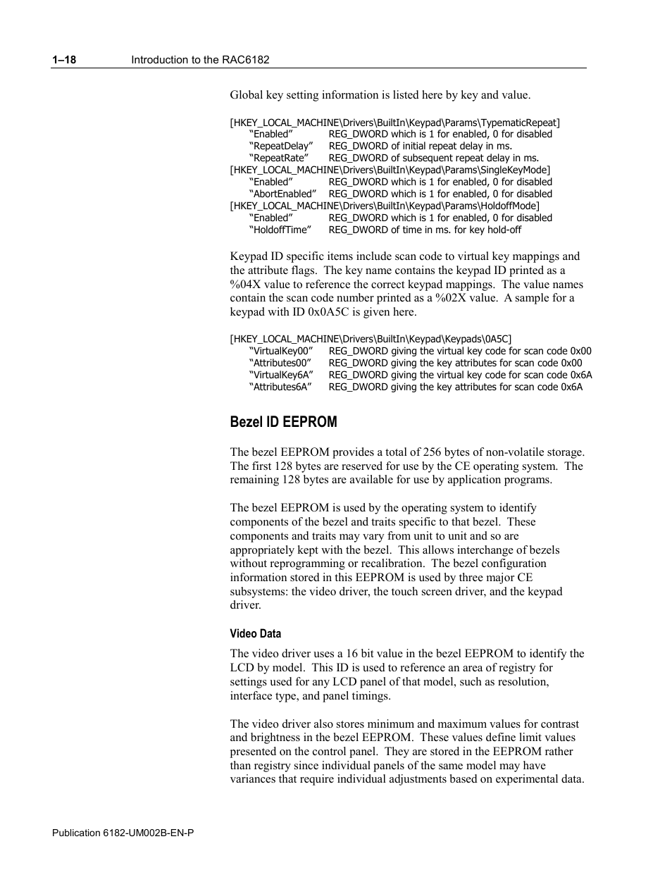 Bezel id eeprom, Video data | Rockwell Automation 6182 SDK User Manual | Page 24 / 108