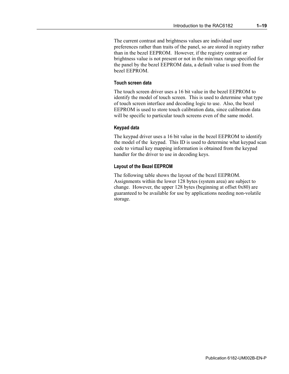 Touch screen data, Keypad data, Layout of the bezel eeprom | Rockwell Automation 6182 SDK User Manual | Page 25 / 108