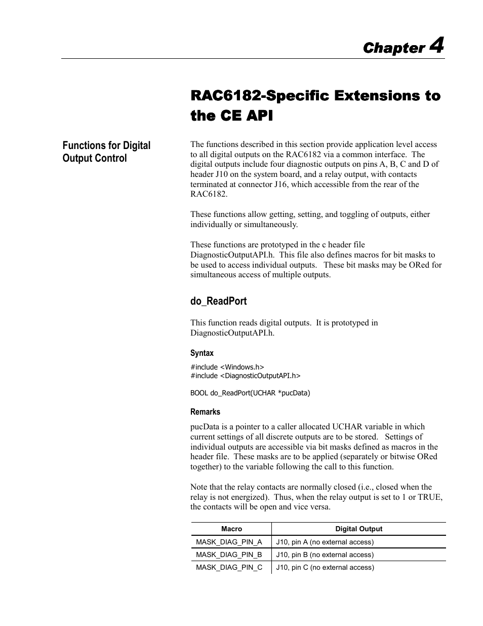 4 - rac6182-specific extensions to the ce api, Functions for digital output control, Do_readport | Syntax, Remarks, Rac6182-specific extensions to, Chapter | Rockwell Automation 6182 SDK User Manual | Page 41 / 108