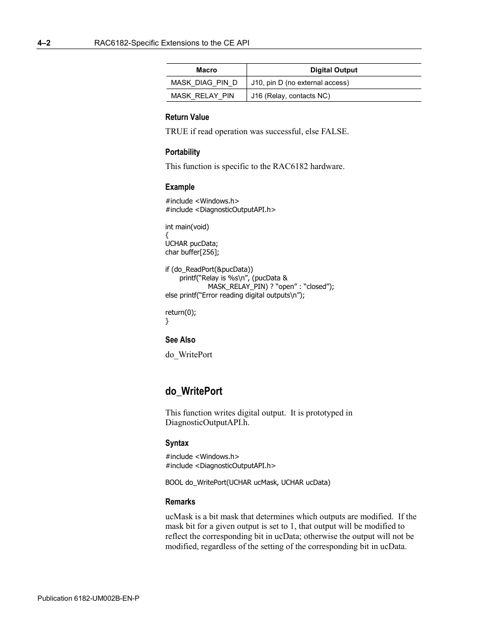 Return value, Portability, Example | See also, Do_writeport, Syntax, Remarks | Rockwell Automation 6182 SDK User Manual | Page 42 / 108