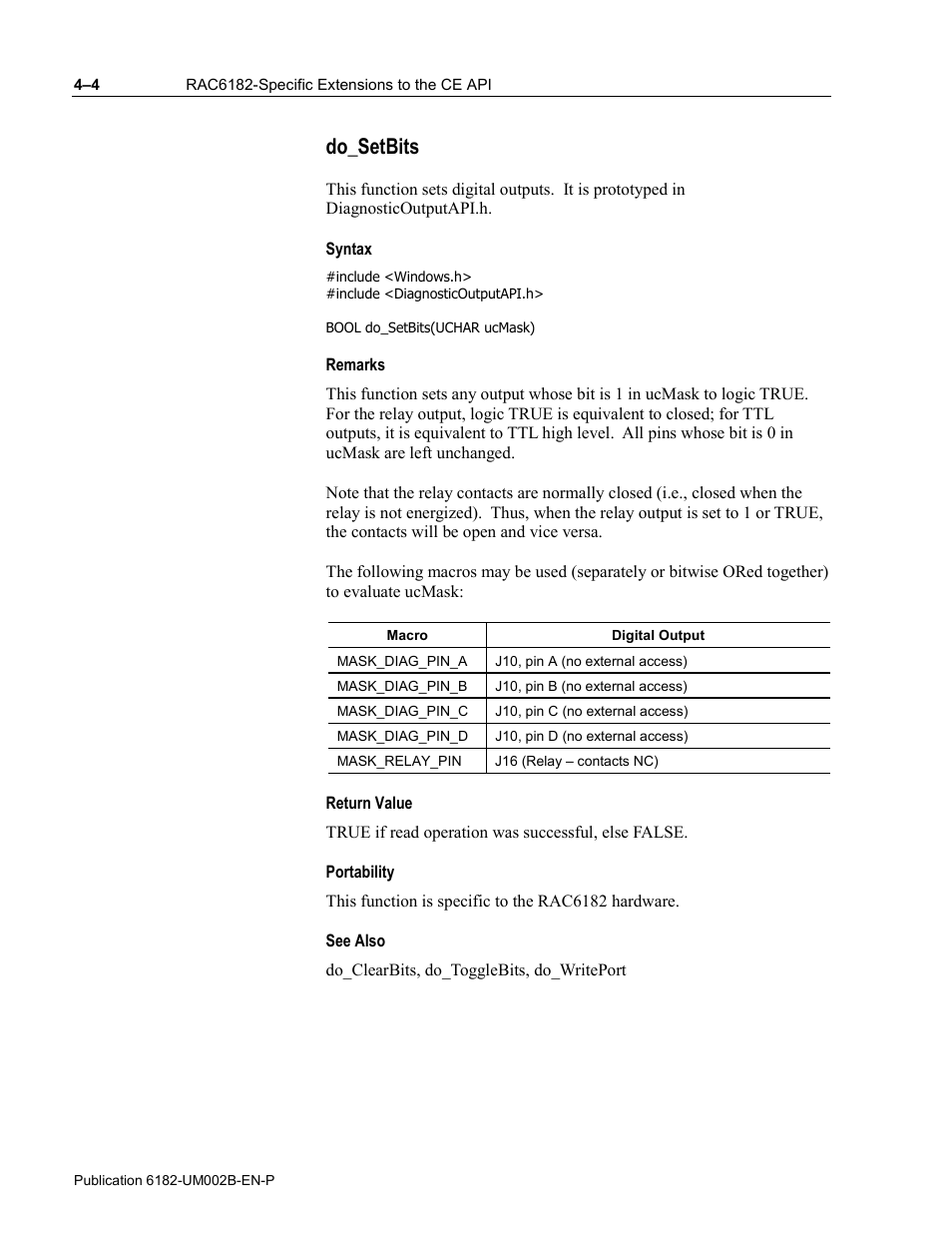 Do_setbits, Syntax, Remarks | Return value, Portability, See also | Rockwell Automation 6182 SDK User Manual | Page 44 / 108