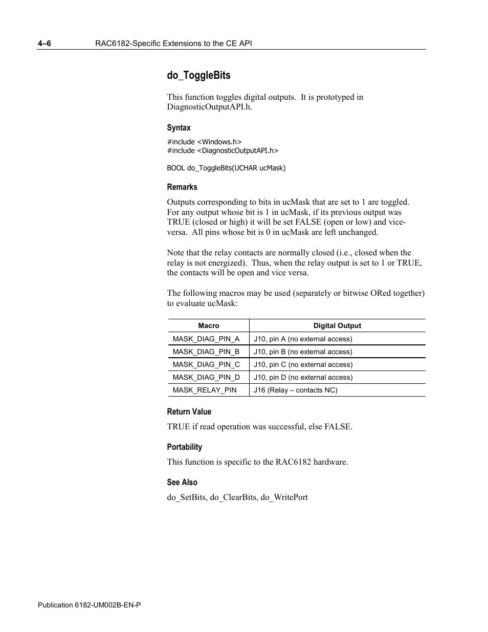 Do_togglebits, Syntax, Remarks | Return value, Portability, See also | Rockwell Automation 6182 SDK User Manual | Page 46 / 108