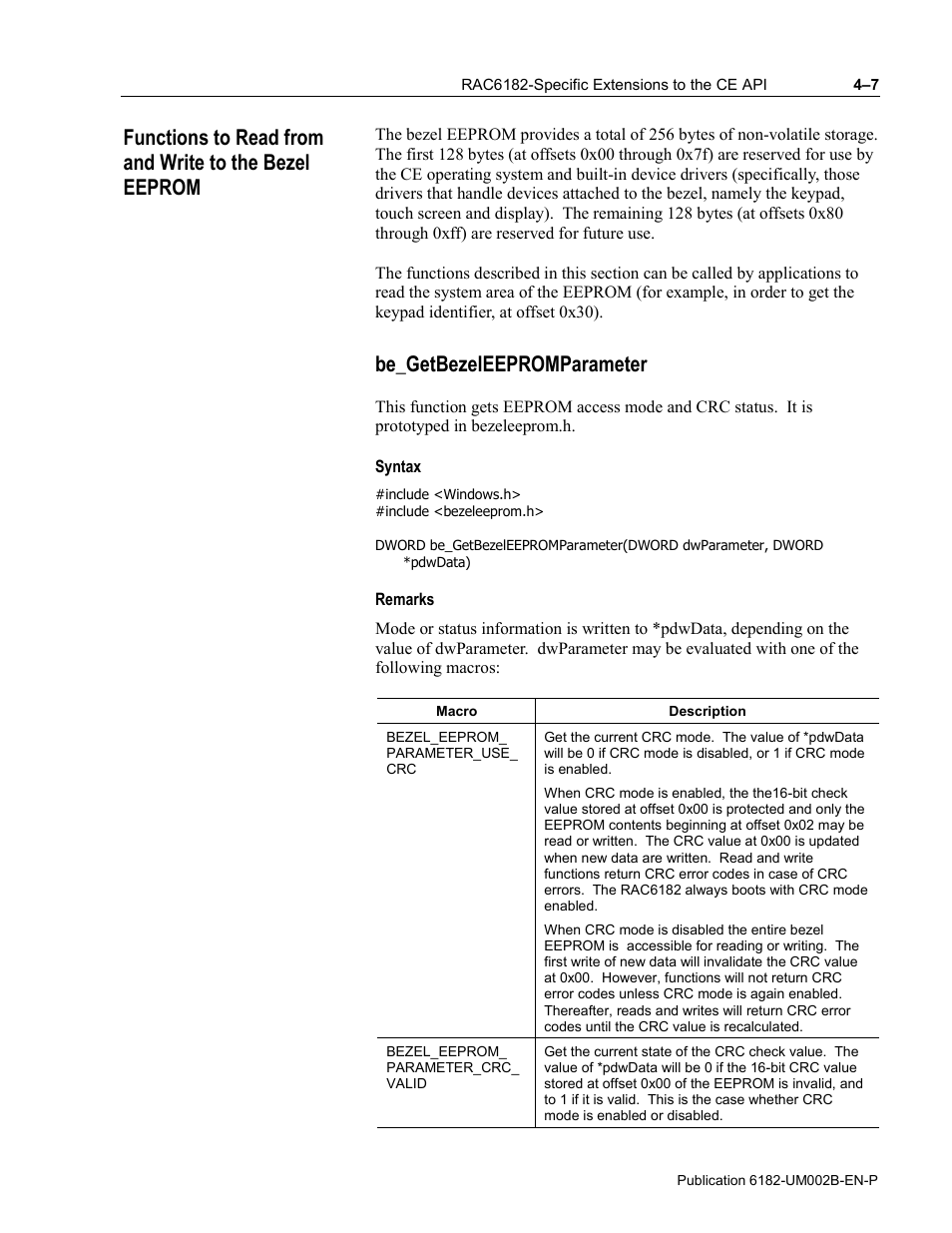 Be_getbezeleepromparameter, Syntax, Remarks | Rockwell Automation 6182 SDK User Manual | Page 47 / 108