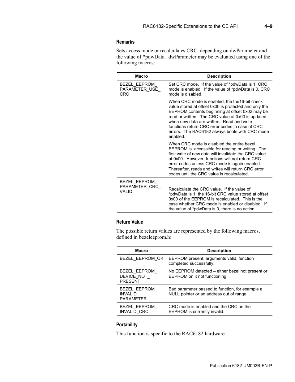 Remarks, Return value, Portability | Rockwell Automation 6182 SDK User Manual | Page 49 / 108