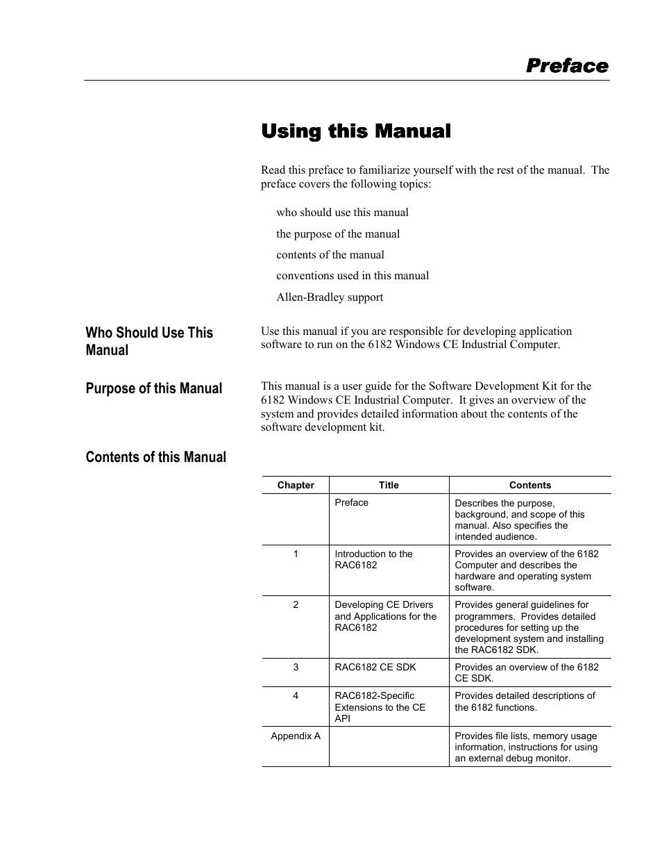 Preface, Who should use this manual, Purpose of this manual | Contents of this manual, Using this manual, Ppreface reface reface reface | Rockwell Automation 6182 SDK User Manual | Page 5 / 108