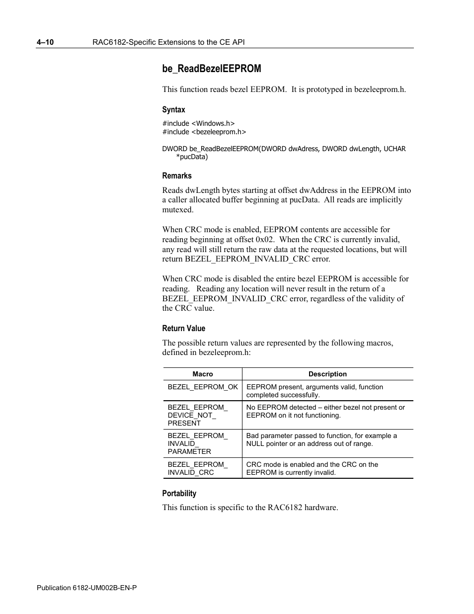 Be_readbezeleeprom, Syntax, Remarks | Return value, Portability | Rockwell Automation 6182 SDK User Manual | Page 50 / 108