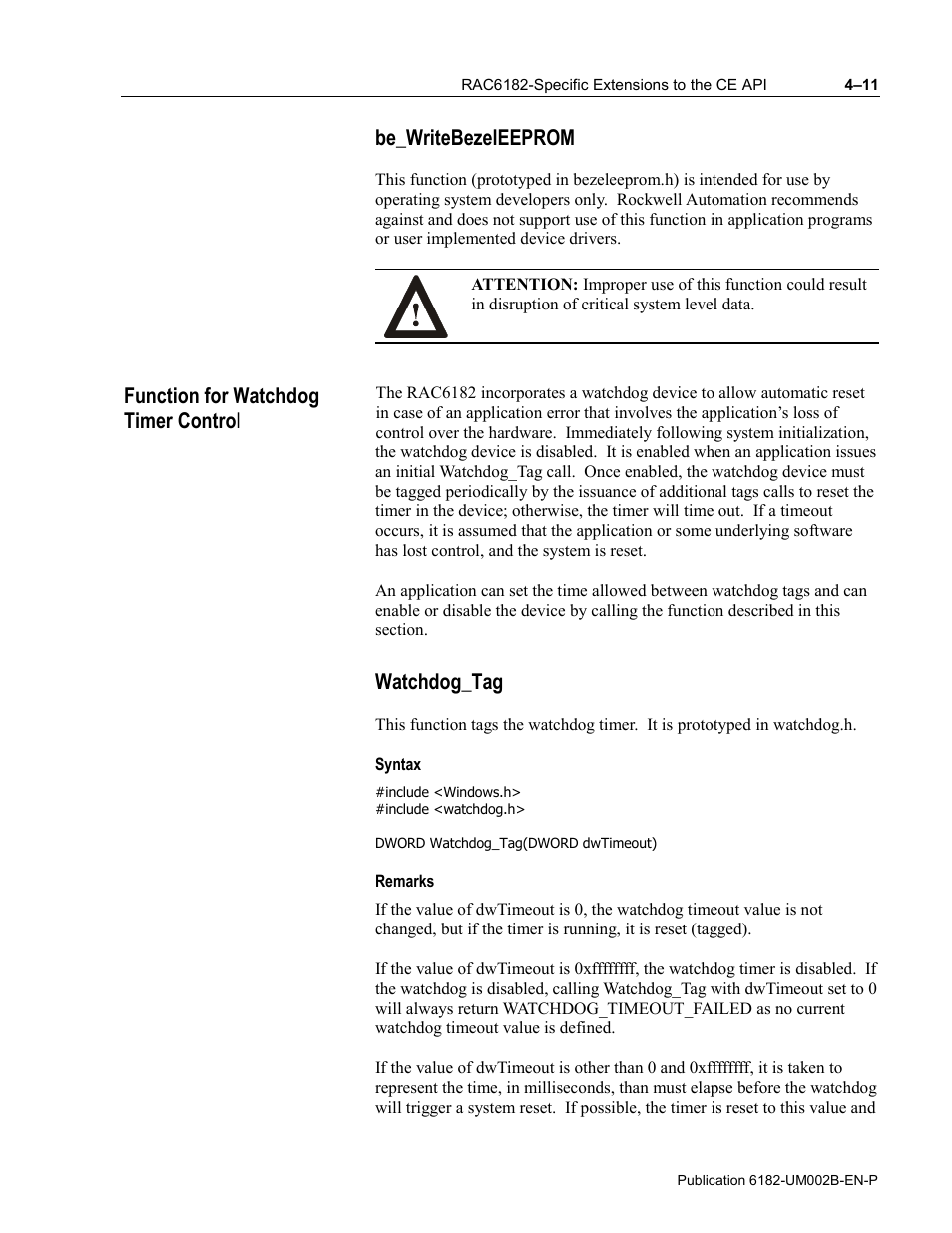 Be_writebezeleeprom, Function for watchdog timer control, Watchdog_tag | Syntax, Remarks | Rockwell Automation 6182 SDK User Manual | Page 51 / 108