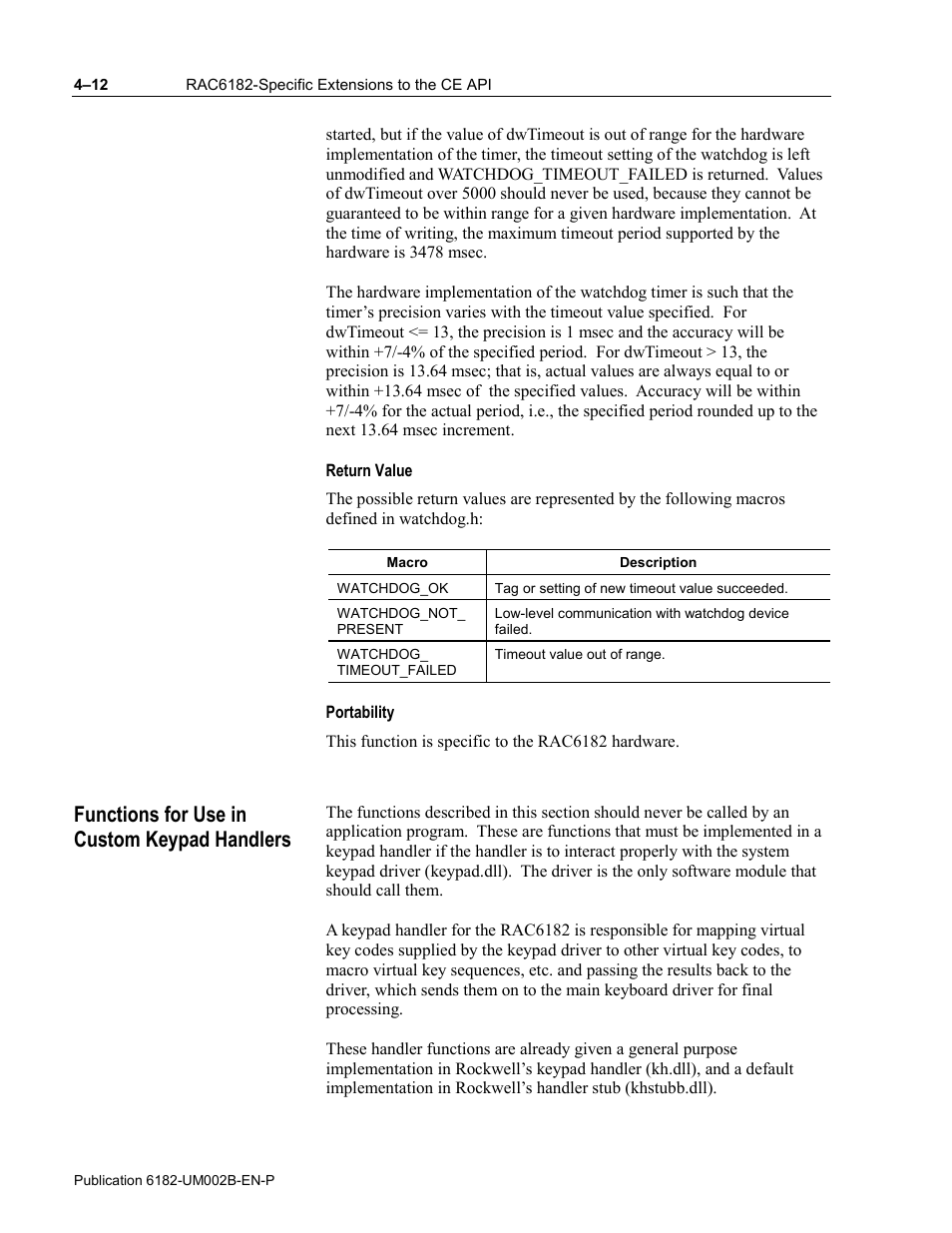 Return value, Portability, Functions for use in custom keypad handlers | Rockwell Automation 6182 SDK User Manual | Page 52 / 108