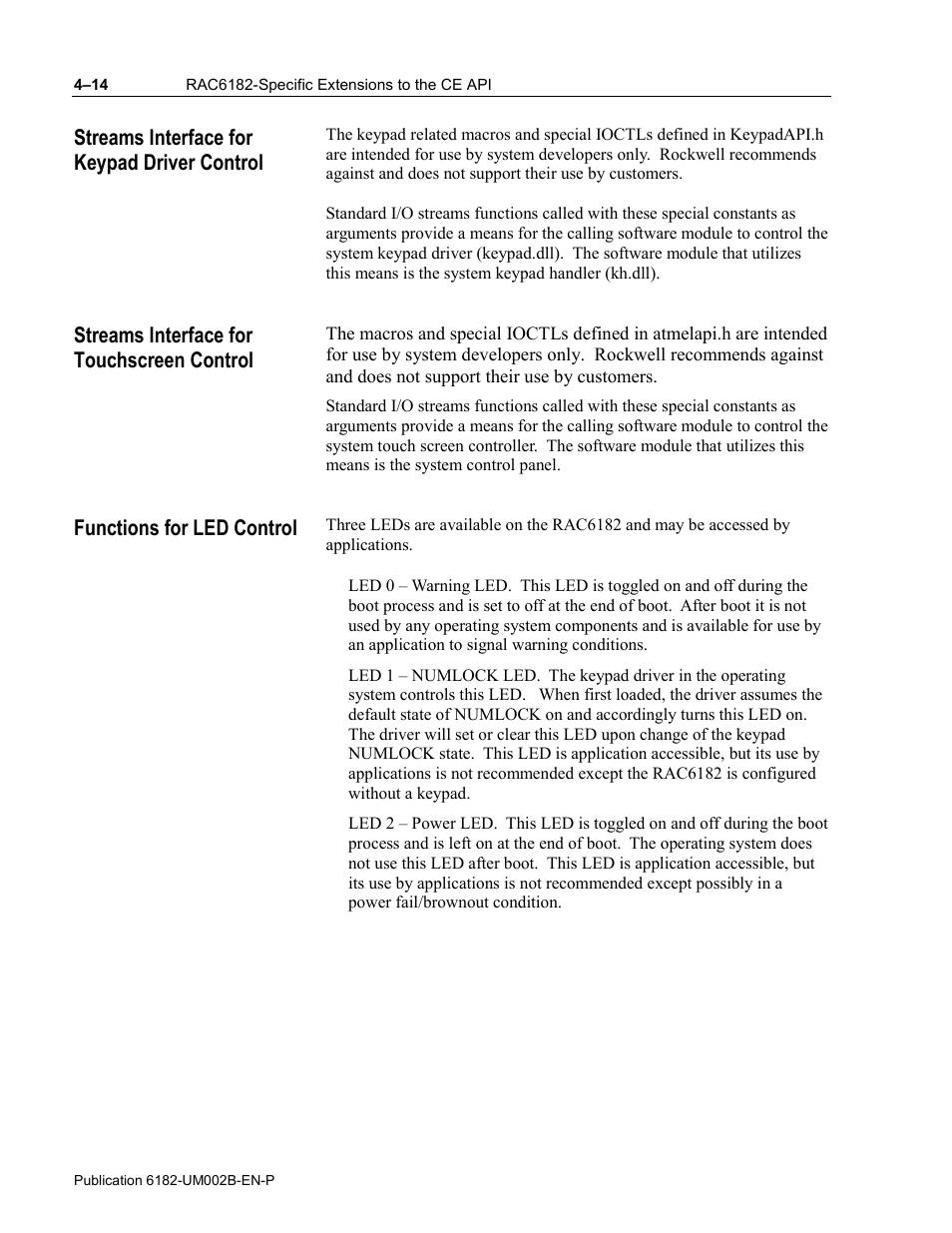 Streams interface for keypad driver control, Streams interface for touchscreen control, Functions for led control | Rockwell Automation 6182 SDK User Manual | Page 54 / 108