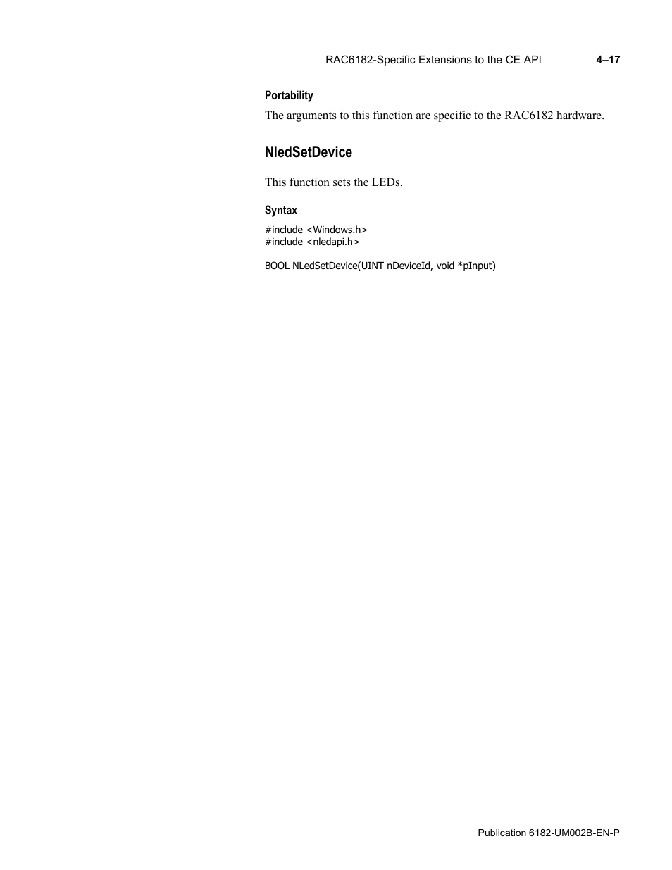 Portability, Nledsetdevice, Syntax | Rockwell Automation 6182 SDK User Manual | Page 57 / 108