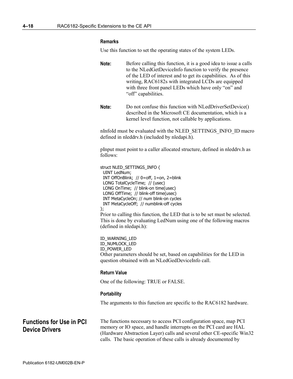 Remarks, Return value, Portability | Functions for use in pci device drivers | Rockwell Automation 6182 SDK User Manual | Page 58 / 108