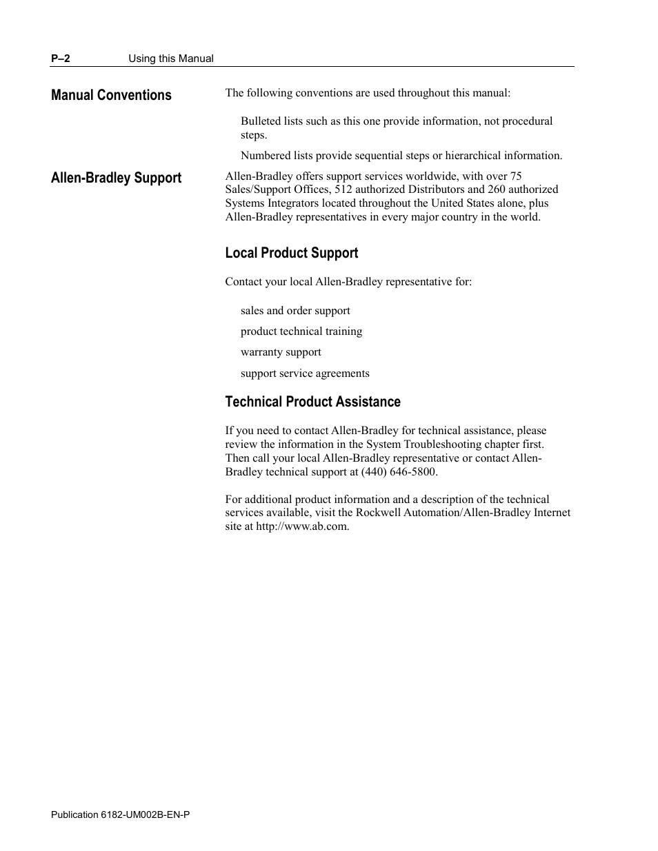 Manual conventions, Allen-bradley support, Local product support | Technical product assistance, Manual conventions allen-bradley support | Rockwell Automation 6182 SDK User Manual | Page 6 / 108