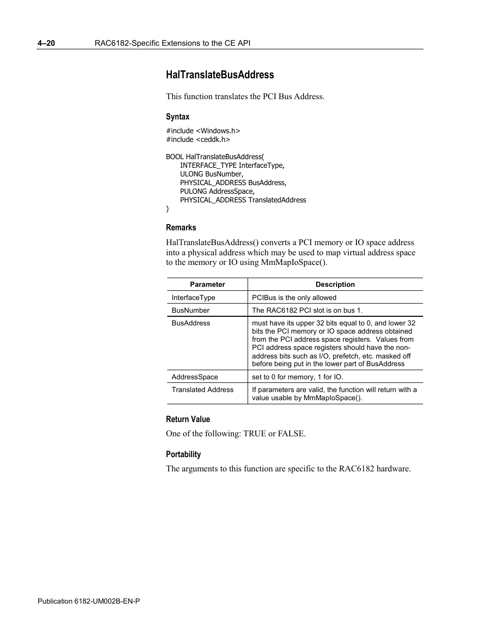 Haltranslatebusaddress, Syntax, Remarks | Return value, Portability | Rockwell Automation 6182 SDK User Manual | Page 60 / 108