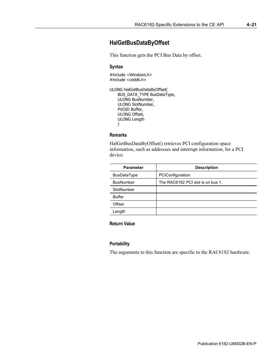 Halgetbusdatabyoffset, Syntax, Remarks | Return value, Portability | Rockwell Automation 6182 SDK User Manual | Page 61 / 108