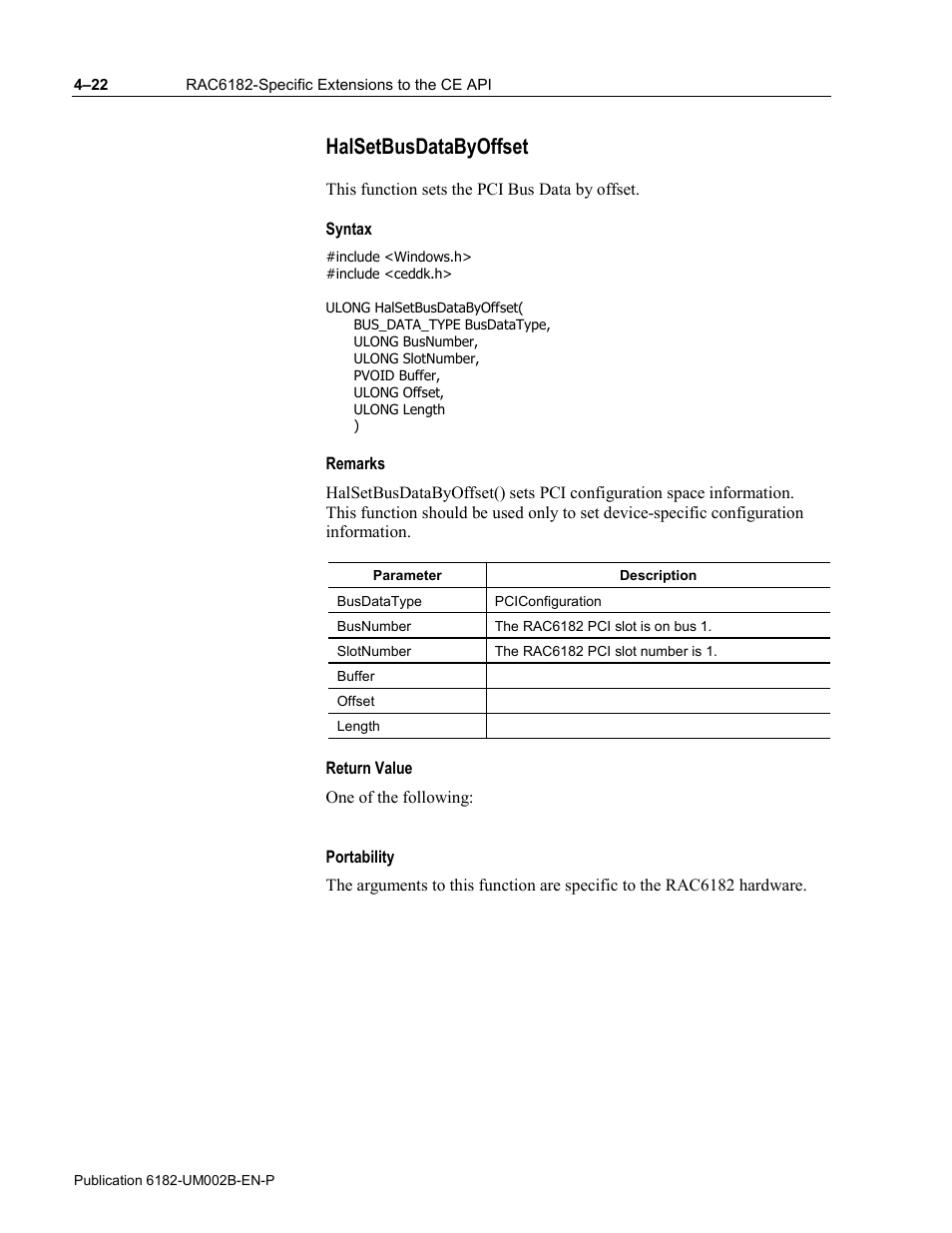 Halsetbusdatabyoffset, Syntax, Remarks | Return value, Portability | Rockwell Automation 6182 SDK User Manual | Page 62 / 108