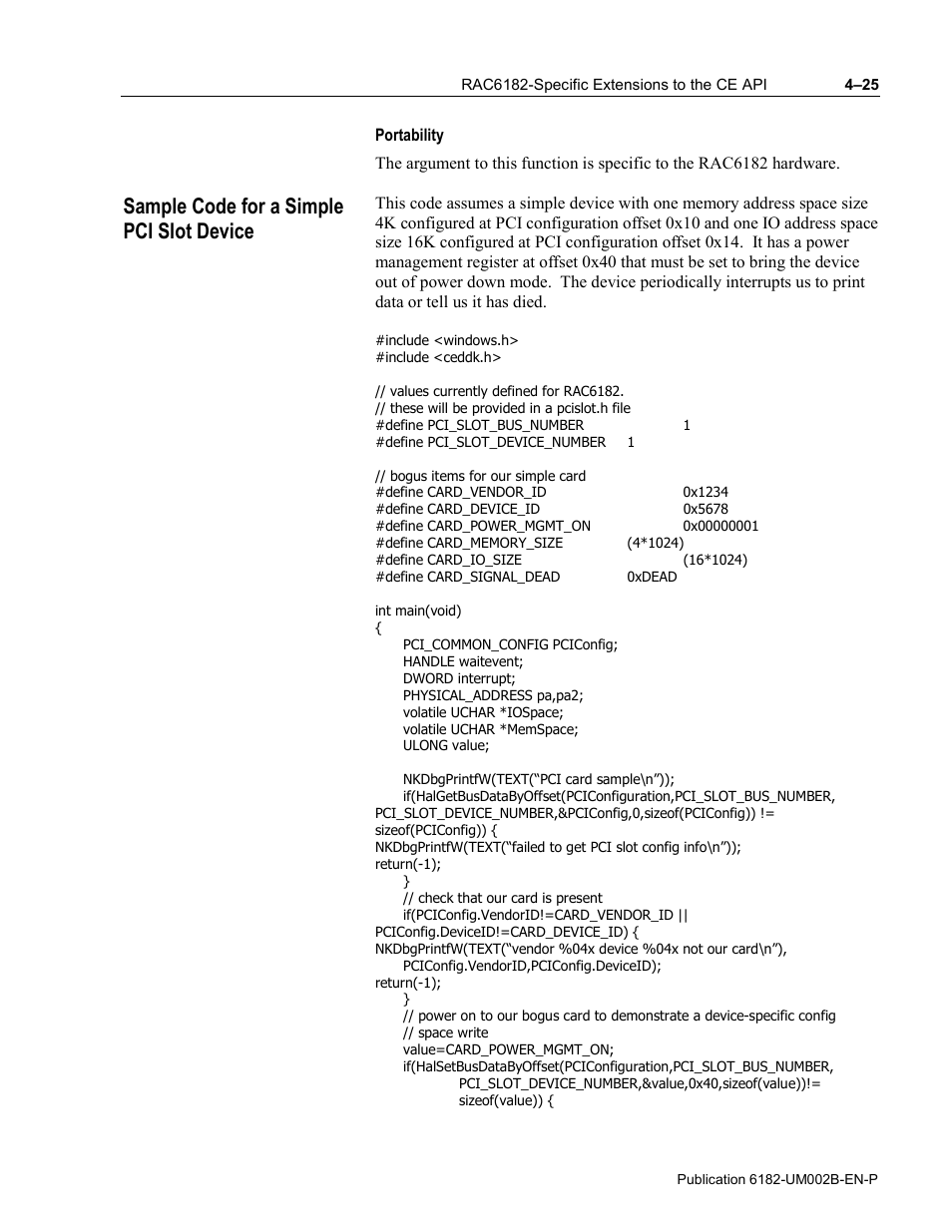 Portability, Sample code for a simple pci slot device | Rockwell Automation 6182 SDK User Manual | Page 65 / 108