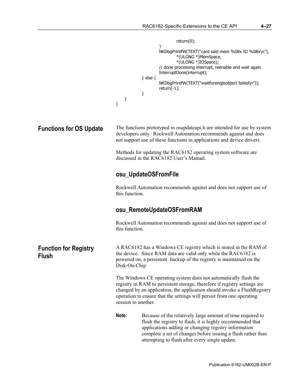 Functions for os update, Osu_updateosfromfile, Osu_remoteupdateosfromram | Function for registry flush | Rockwell Automation 6182 SDK User Manual | Page 67 / 108