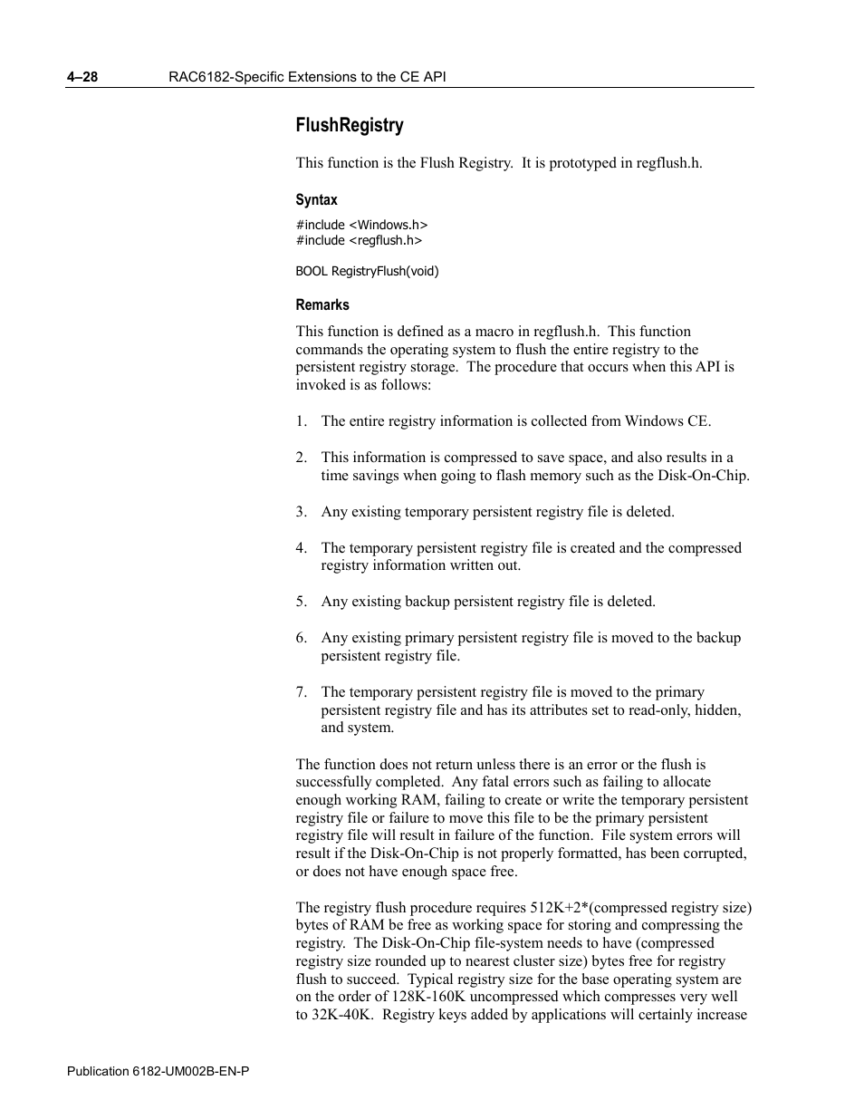Flushregistry, Syntax, Remarks | Rockwell Automation 6182 SDK User Manual | Page 68 / 108