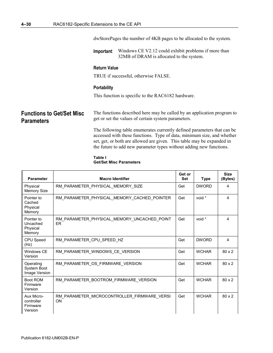 Return value, Portability, Functions to get/set misc parameters | Rockwell Automation 6182 SDK User Manual | Page 70 / 108