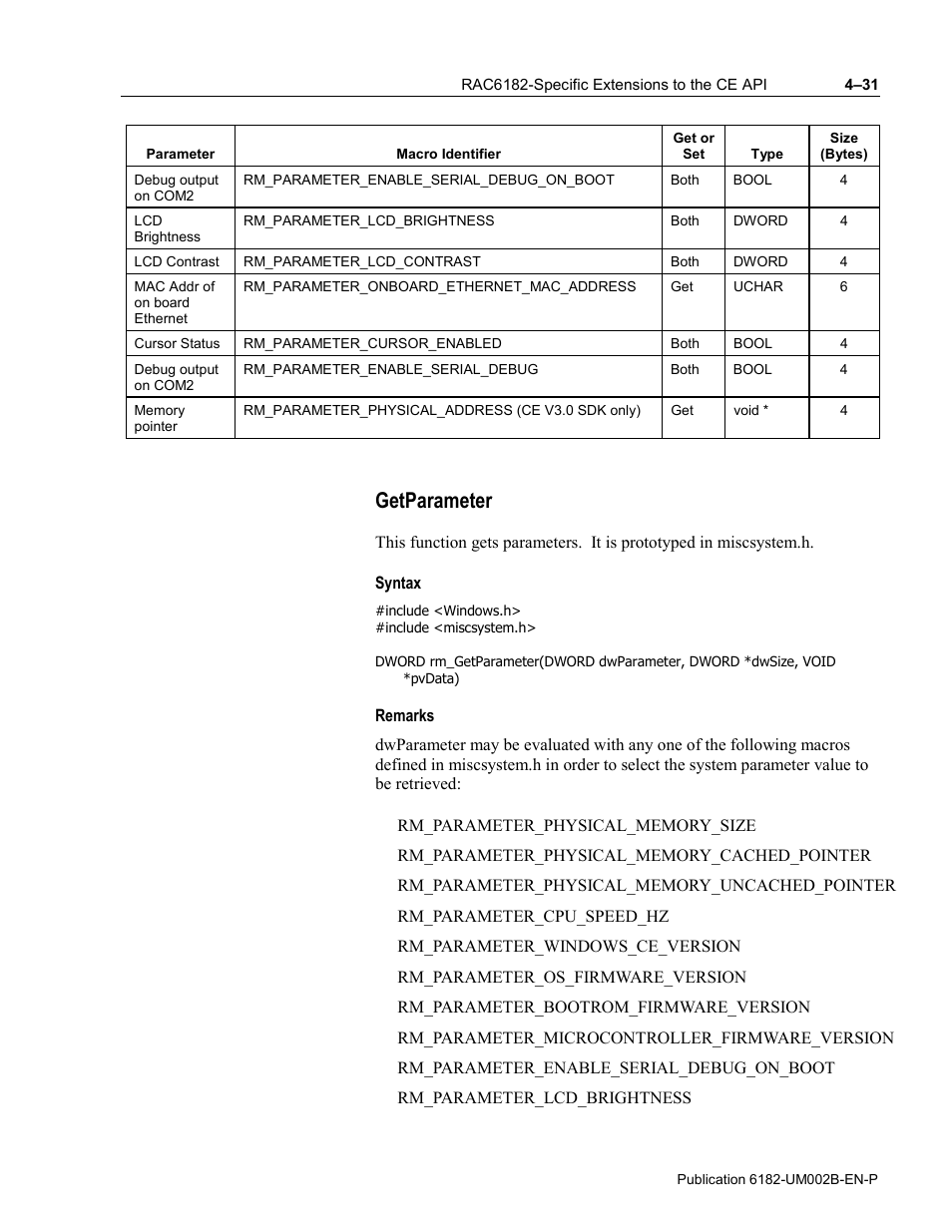 Getparameter, Syntax, Remarks | Rockwell Automation 6182 SDK User Manual | Page 71 / 108