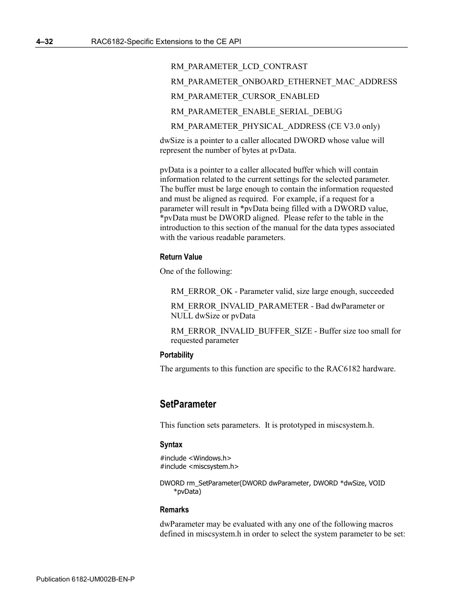 Return value, Portability, Setparameter | Syntax, Remarks | Rockwell Automation 6182 SDK User Manual | Page 72 / 108