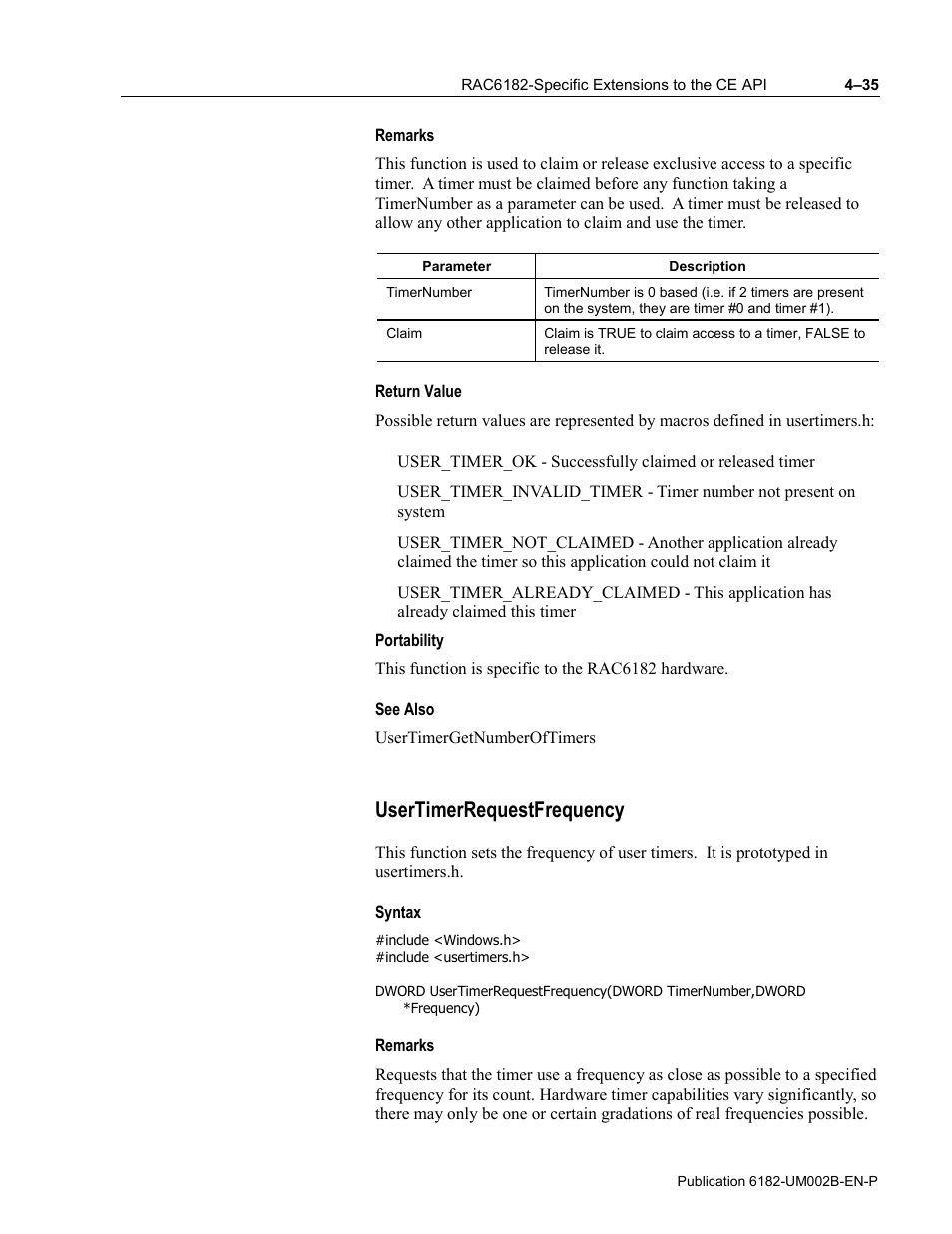 Remarks, Return value, Portability | See also, Usertimerrequestfrequency, Syntax | Rockwell Automation 6182 SDK User Manual | Page 75 / 108