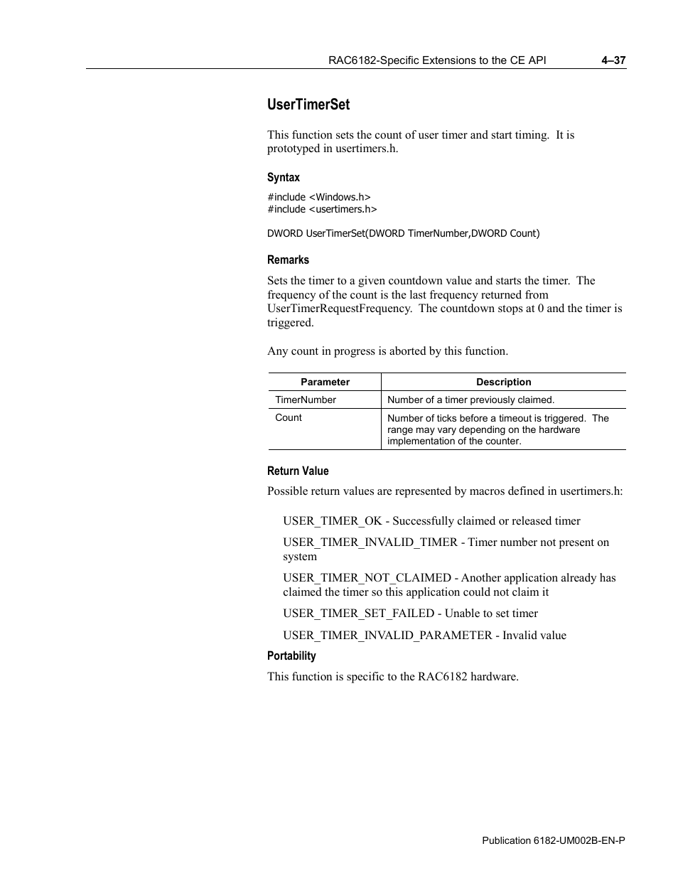 Usertimerset, Syntax, Remarks | Return value, Portability | Rockwell Automation 6182 SDK User Manual | Page 77 / 108