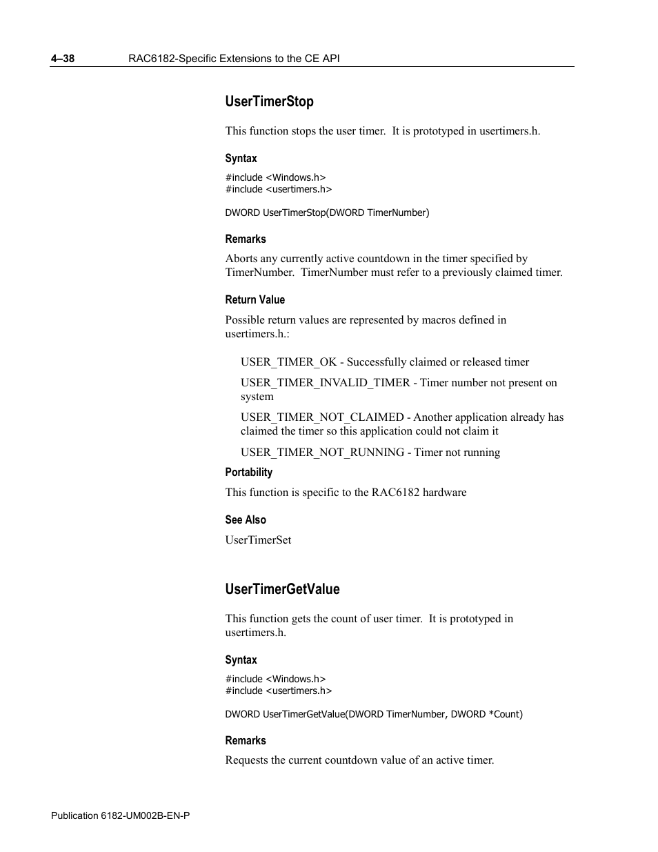 Usertimerstop, Syntax, Remarks | Return value, Portability, See also, Usertimergetvalue | Rockwell Automation 6182 SDK User Manual | Page 78 / 108