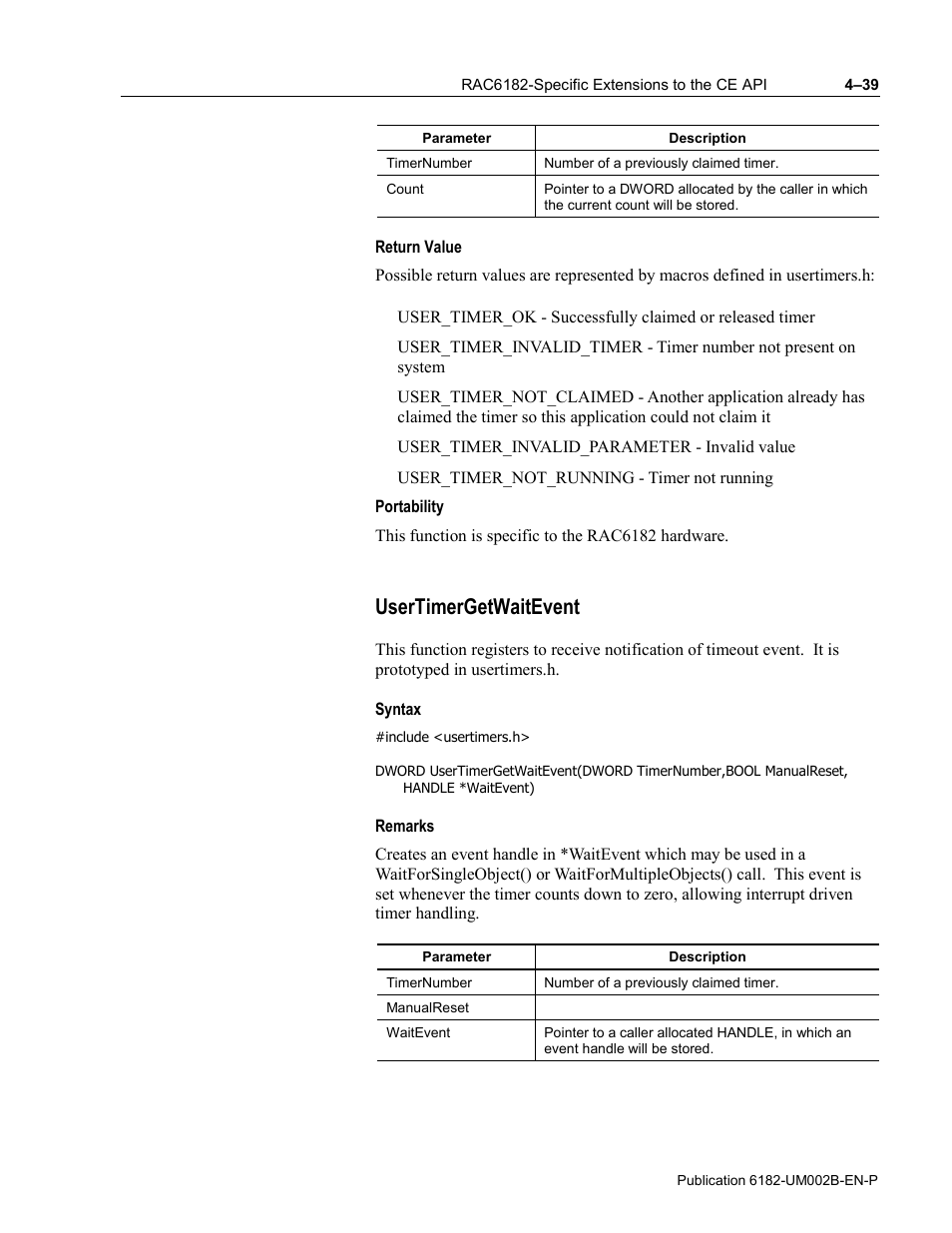 Return value, Portability, Usertimergetwaitevent | Syntax, Remarks | Rockwell Automation 6182 SDK User Manual | Page 79 / 108