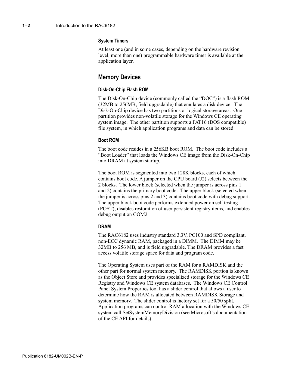 System timers, Memory devices, Disk-on-chip flash rom | Boot rom, Dram | Rockwell Automation 6182 SDK User Manual | Page 8 / 108