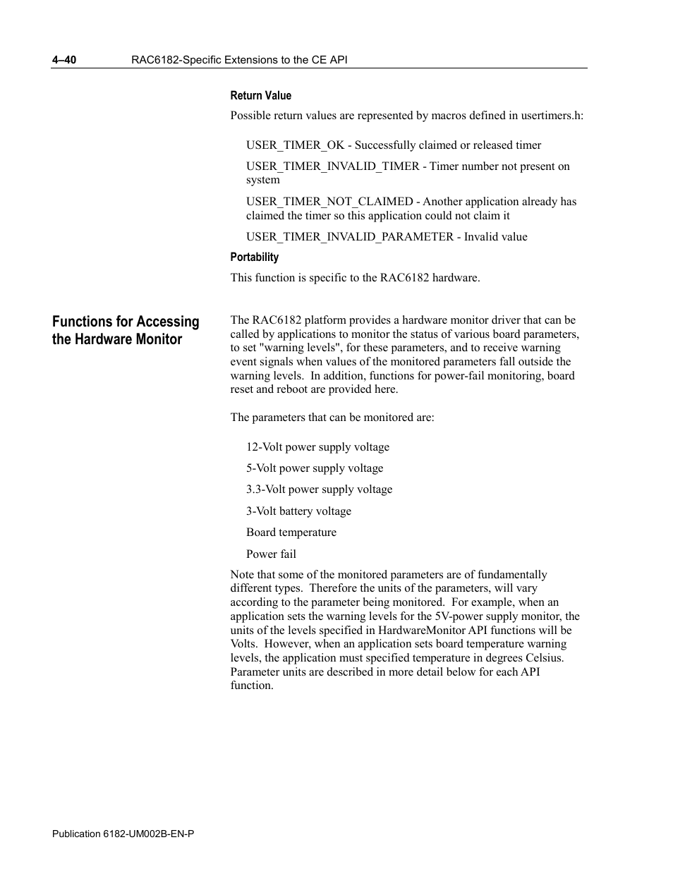 Return value, Portability, Functions for accessing the hardware monitor | Rockwell Automation 6182 SDK User Manual | Page 80 / 108