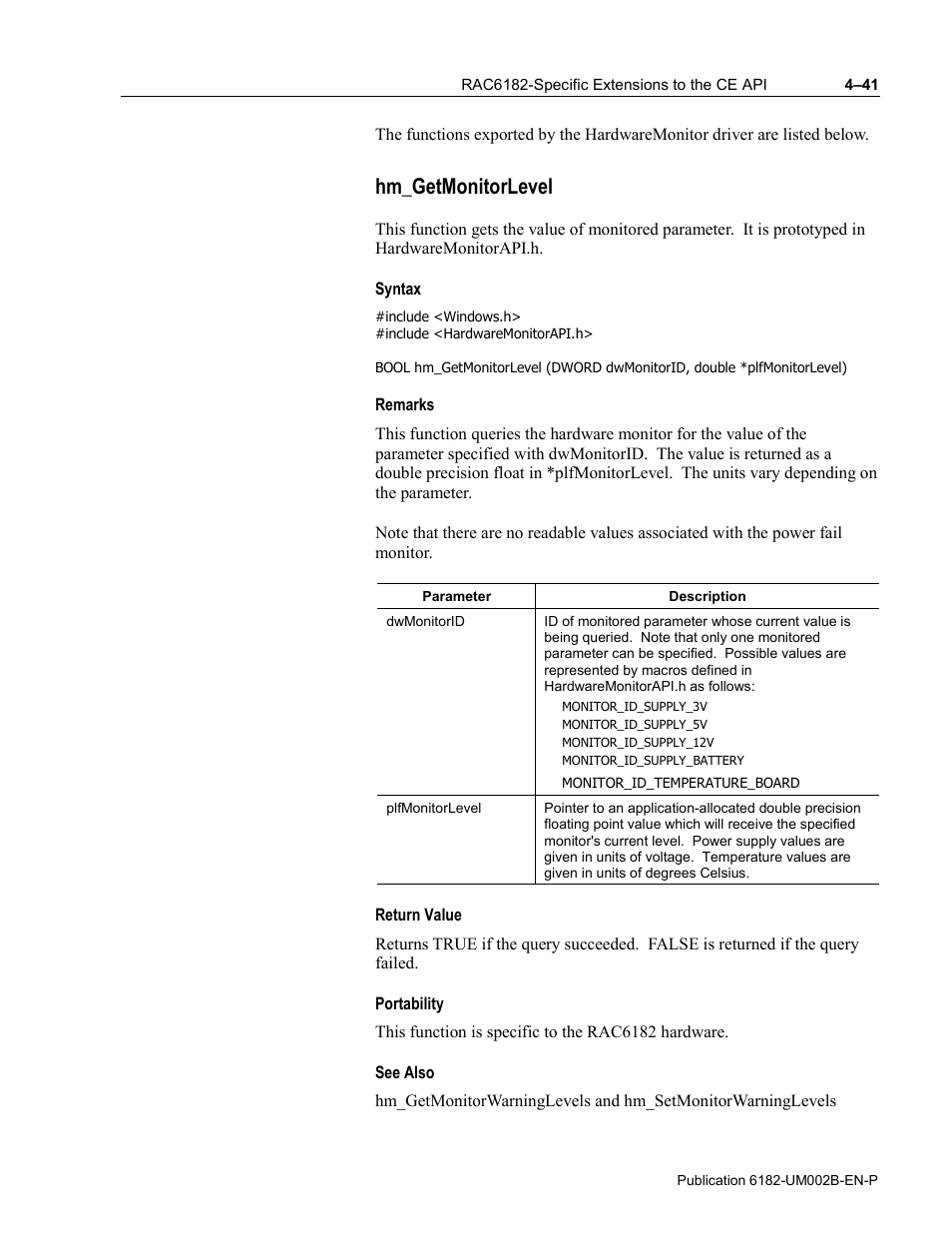 Hm_getmonitorlevel, Syntax, Remarks | Return value, Portability, See also | Rockwell Automation 6182 SDK User Manual | Page 81 / 108