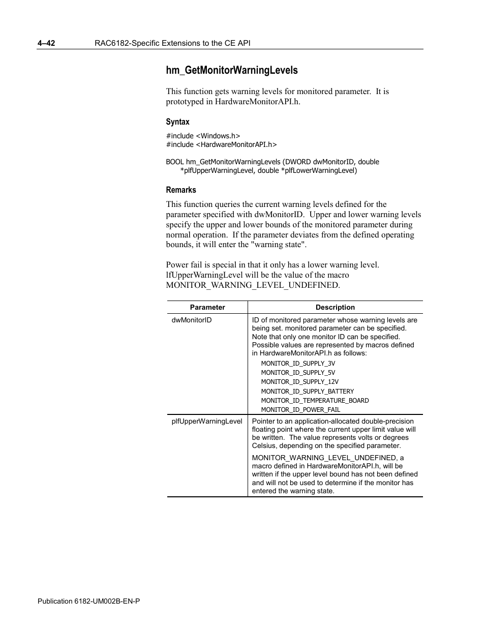 Hm_getmonitorwarninglevels, Syntax, Remarks | Rockwell Automation 6182 SDK User Manual | Page 82 / 108