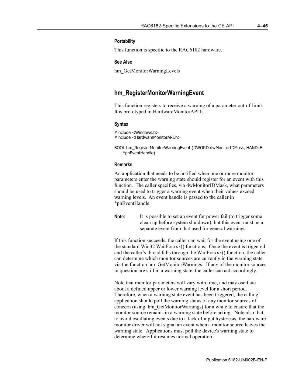 Portability, See also, Hm_registermonitorwarningevent | Syntax, Remarks | Rockwell Automation 6182 SDK User Manual | Page 85 / 108