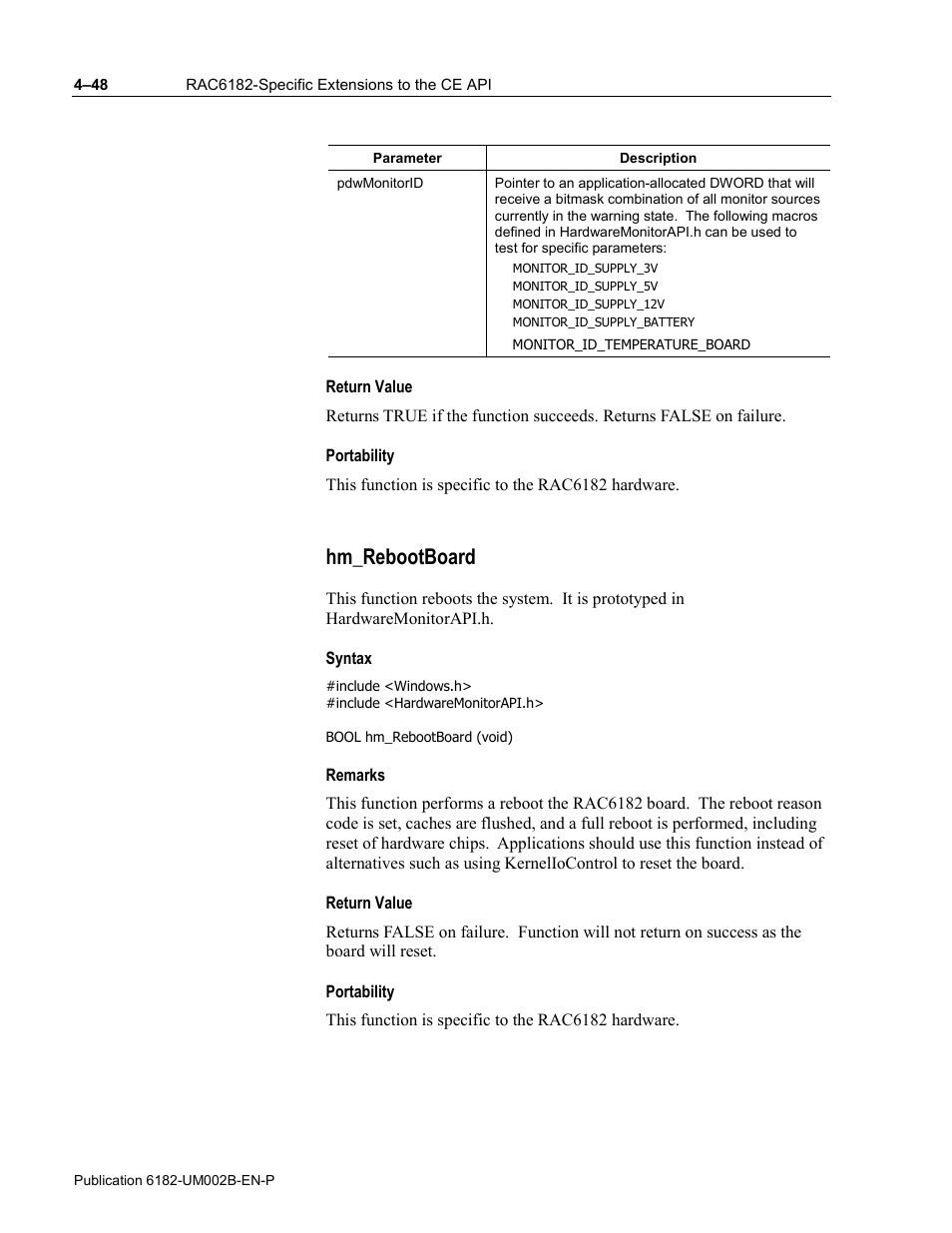 Return value, Portability, Hm_rebootboard | Syntax, Remarks | Rockwell Automation 6182 SDK User Manual | Page 88 / 108