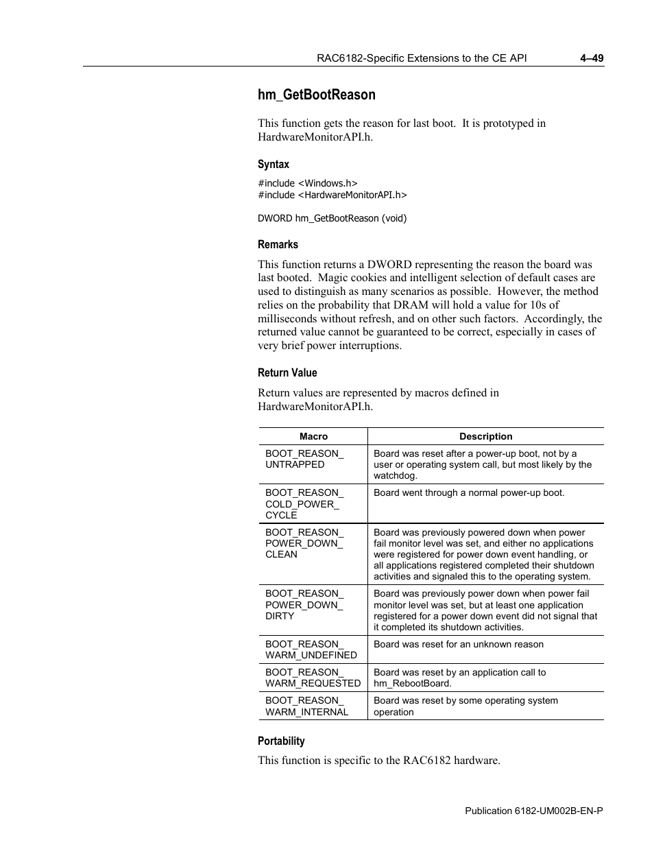 Hm_getbootreason, Syntax, Remarks | Return value, Portability | Rockwell Automation 6182 SDK User Manual | Page 89 / 108