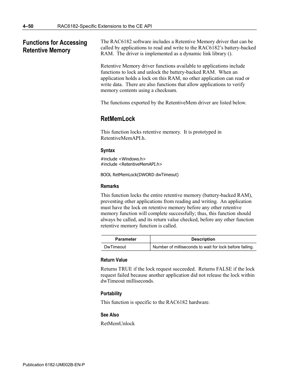 Functions for accessing retentive memory, Retmemlock, Syntax | Remarks, Return value, Portability, See also | Rockwell Automation 6182 SDK User Manual | Page 90 / 108