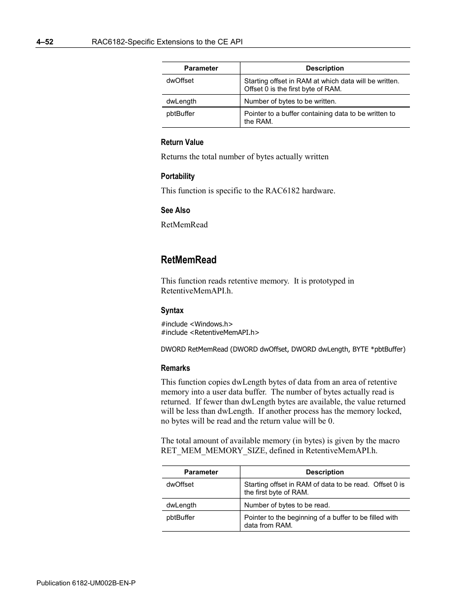 Return value, Portability, See also | Retmemread, Syntax, Remarks | Rockwell Automation 6182 SDK User Manual | Page 92 / 108