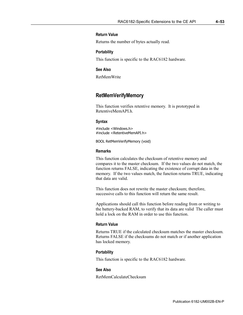 Return value, Portability, See also | Retmemverifymemory, Syntax, Remarks | Rockwell Automation 6182 SDK User Manual | Page 93 / 108