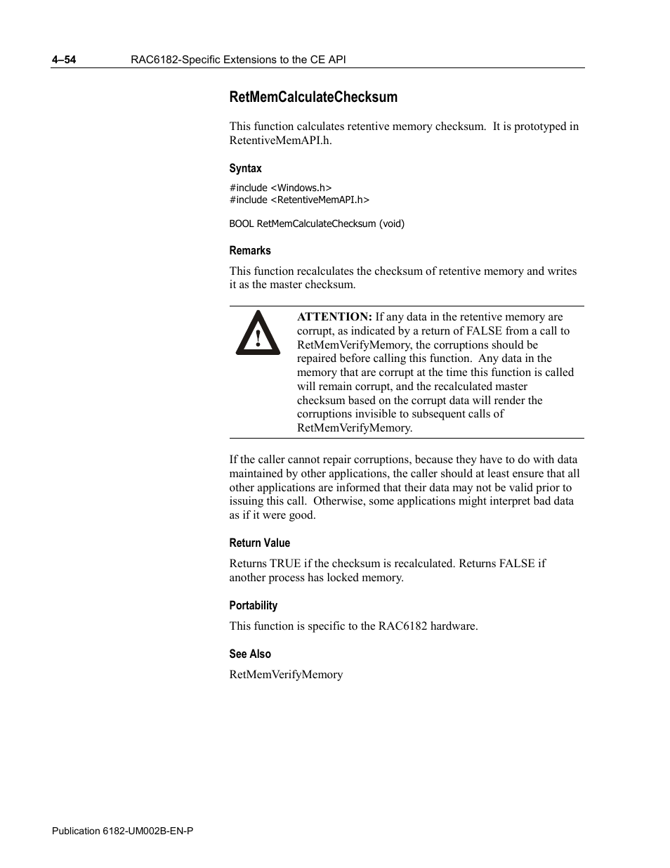 Retmemcalculatechecksum, Syntax, Remarks | Return value, Portability, See also | Rockwell Automation 6182 SDK User Manual | Page 94 / 108