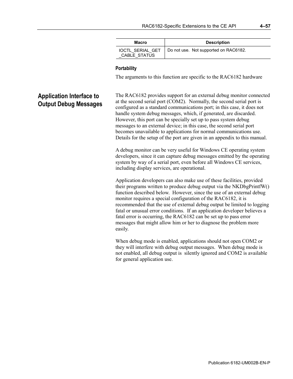 Portability, Application interface to output debug messages | Rockwell Automation 6182 SDK User Manual | Page 97 / 108